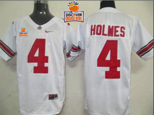 Buckeyes #4 Santonio Holmes White 2014 Discover Orange Bowl Patch Stitched NCAA Jersey