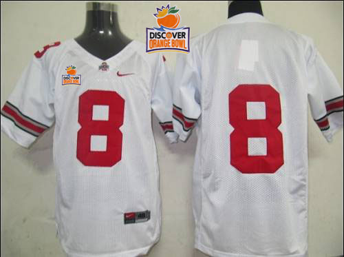 Buckeyes #8 White 2014 Discover Orange Bowl Patch Stitched NCAA Jersey