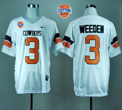 Cowboys #3 Brandon Weeden White Pro Combat 2014 Cotton Bowl Patch Stitched NCAA Jersey
