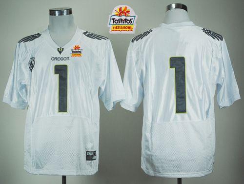 Ducks #1 Fan White With PAC 12 Patch Tostitos Fiesta Bowl Stitched NCAA Jersey