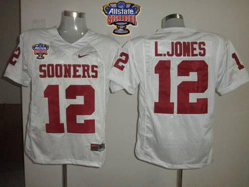 Sooners #12 Landy Jones White 2014 Sugar Bowl Patch Stitched NCAA Jersey