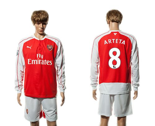 Arsenal #8 Arteta Red Home Long Sleeves Soccer Club Jersey