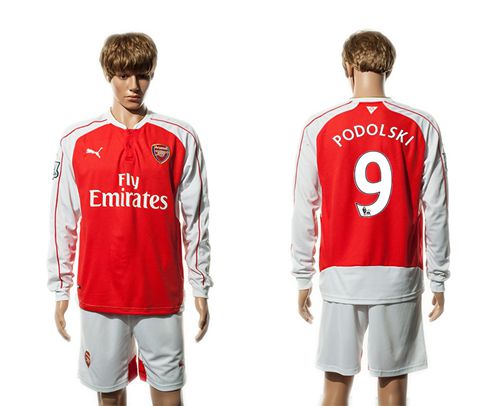 Arsenal #9 Podolski Red Home Long Sleeves Soccer Club Jersey