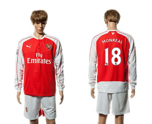 Arsenal #18 Monreal Red Home Long Sleeves Soccer Club Jersey