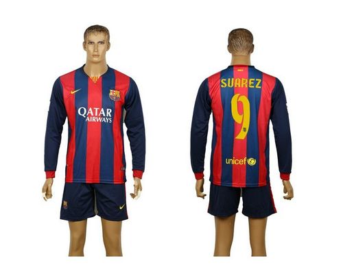 Barcelona #9 Suarez Home Long Sleeves Soccer Club Jersey
