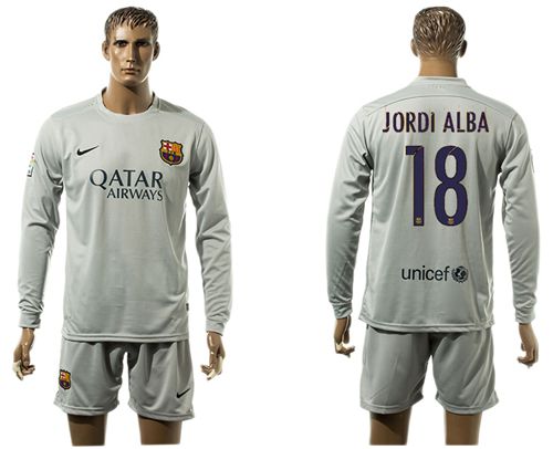 Barcelona #18 Jordi Alba Grey Long Sleeves Soccer Club Jersey