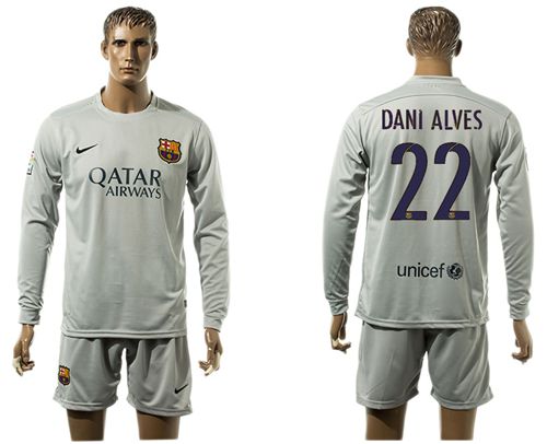 Barcelona #22 Dani Alves Grey Long Sleeves Soccer Club Jersey