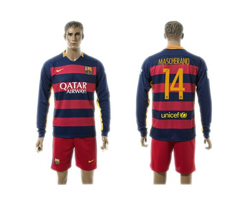 Barcelona #14 Mascherano Home Long Sleeves Soccer Club Jersey