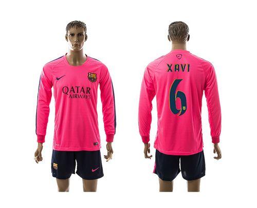 Barcelona #6 Xavi Pink Training Long Sleeves Soccer Club Jersey