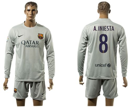 Barcelona #8 A.Iniesta Grey Long Sleeves Soccer Club Jersey