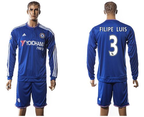 Chelsea #3 Filipe Luis New Blue Long Sleeves Soccer Club Jersey