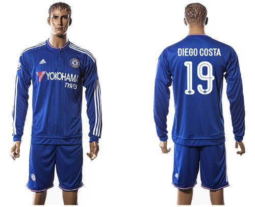 Chelsea #19 Diego Costa UEFA Champions Blue Long Sleeves Soccer Club Jersey
