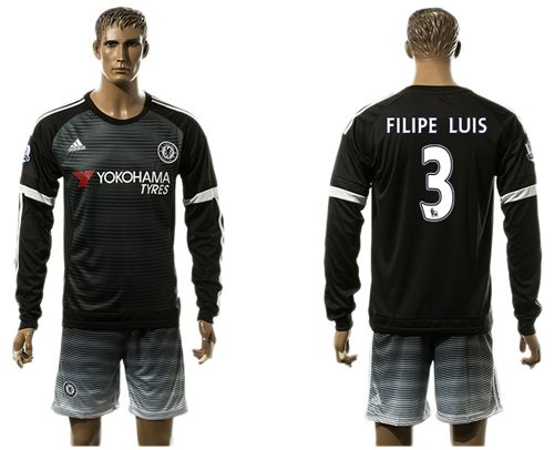 Chelsea #3 Filipe Luis Black Long Sleeves Soccer Club Jersey