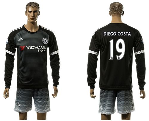 Chelsea #19 Diego Costa Black Long Sleeves Soccer Club Jersey