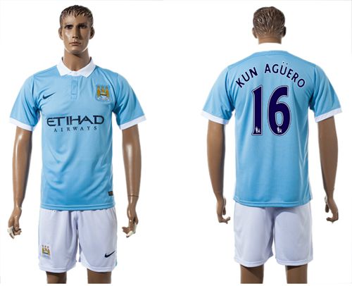 Manchester City #16 Kun Aguero Home With White Shorts Soccer Club Jersey