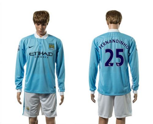 Manchester City #25 Fernandinho Home Long Sleeves Soccer Club Jersey