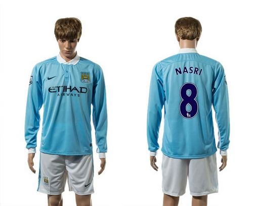 Manchester City #8 Nasri Home Long Sleeves Soccer Club Jersey