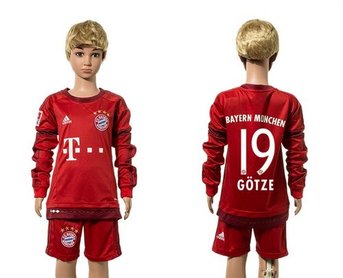 Bayern Munchen #19 Gotze Home Long Sleeves Kid Soccer Club Jersey