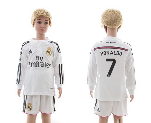 Real Madrid #7 Ronaldo White Home Long Sleeves Kid Soccer Club Jersey