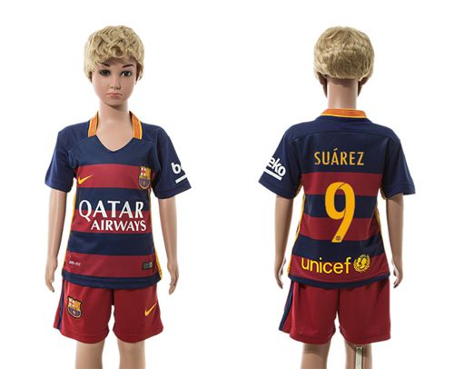 Barcelona #9 Suarez Home(Red Shorts) Kid Soccer Club Jersey
