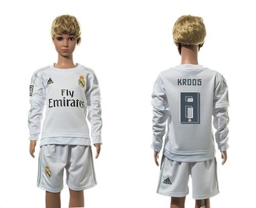 Real Madrid #8 Kroos White Home Long Sleeves Kid Soccer Club Jersey