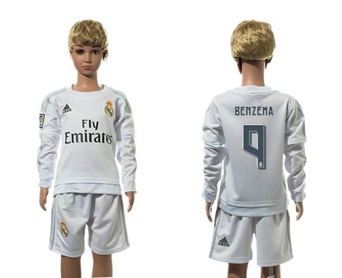 Real Madrid #9 Benzema White Home Long Sleeves Kid Soccer Club Jersey
