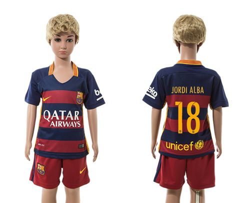 Barcelona #18 Jordi Alba Home(Red Shorts) Kid Soccer Club Jersey
