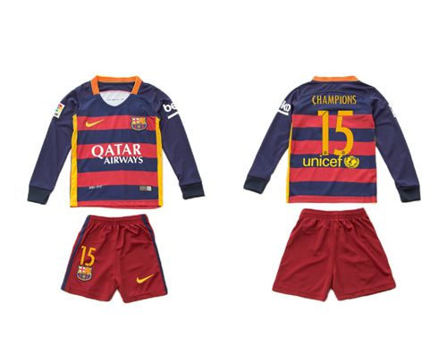 Barcelona #15 Champions Home Long Sleeves Kid Soccer Club Jersey
