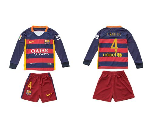Barcelona #4 I.Rakitic Home Long Sleeves Kid Soccer Club Jersey