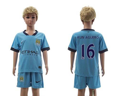 Manchester City #16 Kun Aguero Home Kid Soccer Club Jersey