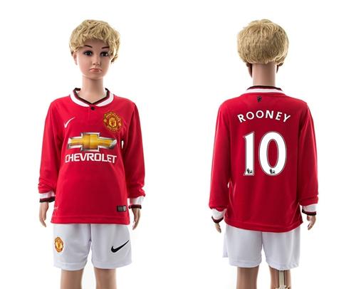 Manchester United #10 Rooney Red Home Long Sleeves Kid Soccer Club Jersey