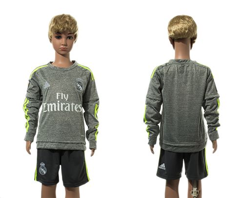 Real Madrid Blank Grey Long Sleeves Kid Soccer Club Jersey