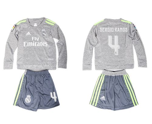 Real Madrid #4 Sergio Ramos Grey Long Sleeves Kid Soccer Club Jersey