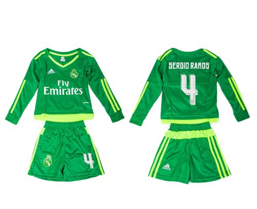 Real Madrid #4 Sergio Ramos Green Long Sleeves Kid Soccer Club Jersey