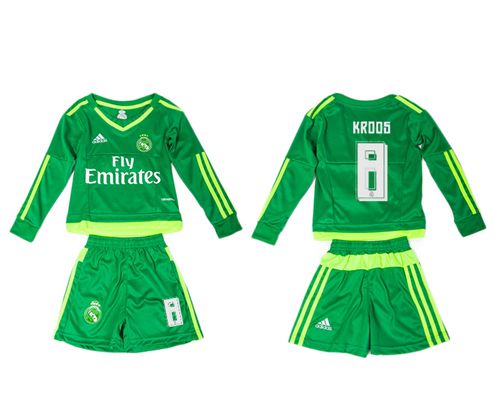 Real Madrid #8 Kroos Green Long Sleeves Kid Soccer Club Jersey