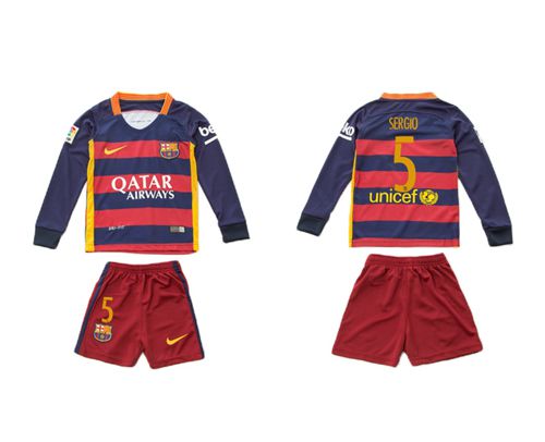 Barcelona #5 Sergio Home Long Sleeves Kid Soccer Club Jersey