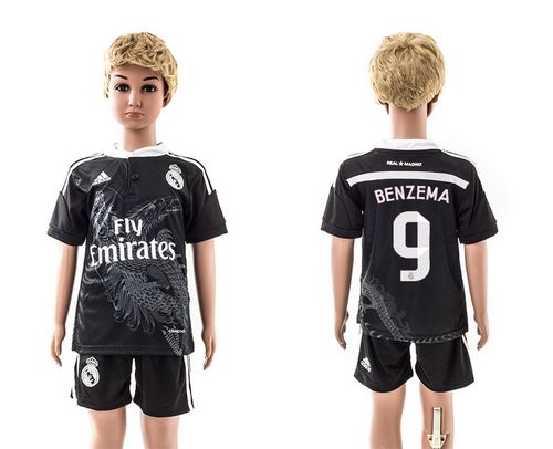 Real Madrid #9 Benzema Black Away Kid Soccer Club Jersey
