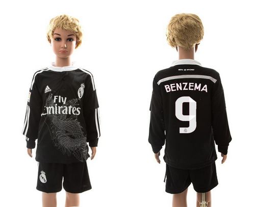 Real Madrid #9 Benzema Black Away Long Sleeves Kid Soccer Club Jersey