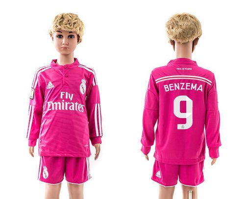 Real Madrid #9 Benzema Pink Away Long Sleeves Kid Soccer Club Jersey