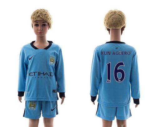 Manchester City #16 Kun Aguero Blue Home Long Sleeves Kid Soccer Club Jersey