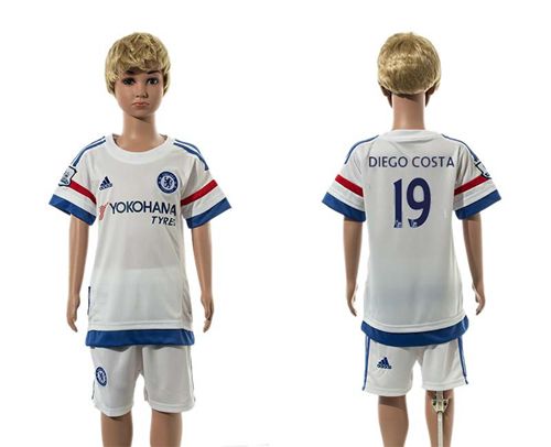 Chelsea #19 Diego Costa White Away Kid Soccer Club Jersey