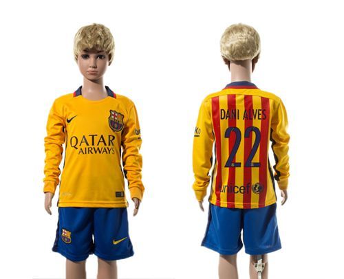 Barcelona #22 Dani Alves Away Long Sleeves Kid Soccer Club Jersey