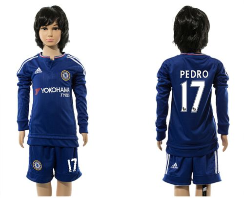 Chelsea #17 Pedro Blue Home Long Sleeves Kid Soccer Club Jersey