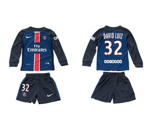 Paris Saint Germain #32 David Luiz Home Long Sleeves Kid Soccer Club Jersey