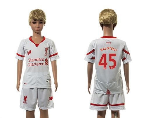 Liverpool #45 Balotelli White Away Kid Soccer Club Jersey