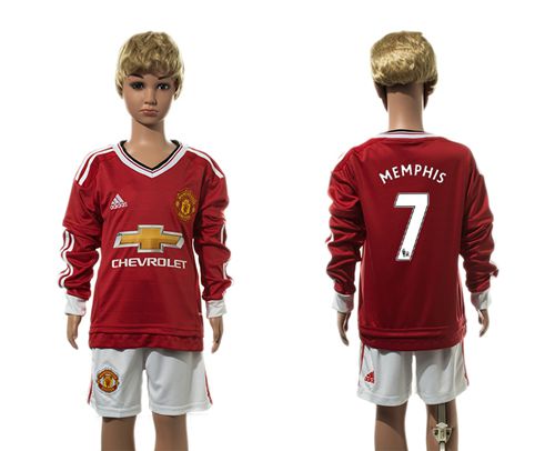 Manchester United #7 Memphis Home Long Sleeves Kid Soccer Club Jersey
