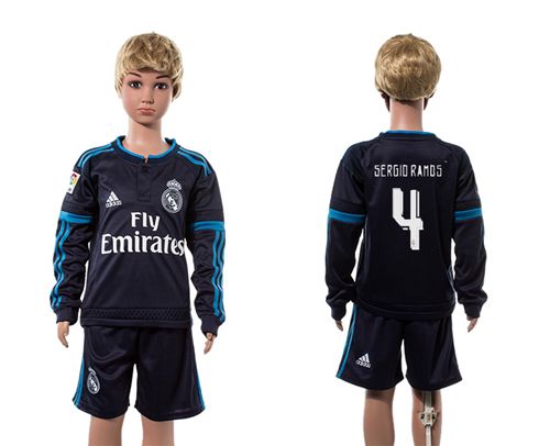 Real Madrid #4 Sergio Ramos Navy Blue Long Sleeves Kid Soccer Club Jersey