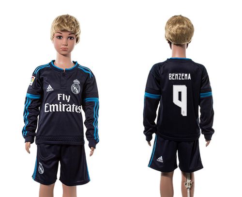 Real Madrid #9 Benzema Navy Blue Long Sleeves Kid Soccer Club Jersey