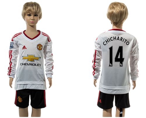 Manchester United #14 Chicharito Away Long Sleeves Kid Soccer Club Jersey