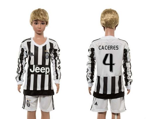 Juventus #4 Caceres Home Long Sleeves Kid Soccer Club Jersey